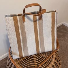 Brand New, Never Used Neutral Striped Tote Bag With Leather Handles And Shoulder Strap. Measure 14”W X 12”H X 6”D Beige Double Handle Beach Bag For Shopping, Chic Light Brown Beach Bag For Travel, Casual Light Brown Satchel For Shopping, Khaki Tote Beach Bag For Everyday, Brown Crossbody Beach Bag Large Capacity, Brown Large Capacity Crossbody Beach Bag, Beige Summer Satchel For Everyday Use, Khaki Shoulder Beach Bag For Everyday Use, Khaki Shoulder Beach Bag