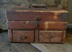 an old wooden box sitting on top of a table