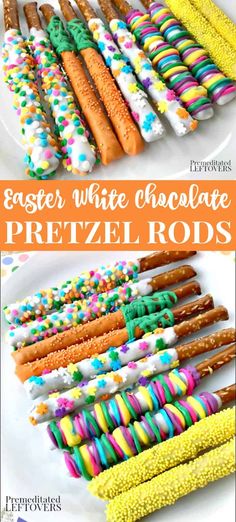 easter white chocolate pretzel rods with colorful sprinkles on them and the words easter white chocolate pretzels