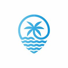 a blue and white logo with palm trees in the middle on top of water waves