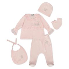 The sweetest get-up for your tiny bundle. With floral lace trimming, bows of ribbon, and a ruffle collar, this piece is the perfect ensemble for a day of exploration or lounging at home. Includes a a charming long-sleeved top, footie pants, bonnet, bib, and mittens for scratch-free days. Feminine Pink Ruffled Sets, Pink Feminine Sets With Ruffles, Feminine Pink Sets With Ruffles, Pink Playtime Sets With Ruffles, Pink Lace Trim Sets For Spring, Cute Pink Sets For Daywear, Feminine Lace Trim Sleepwear Sets, Feminine Bedtime Sets With Lace Trim, Pink Ruffled Loungewear Set