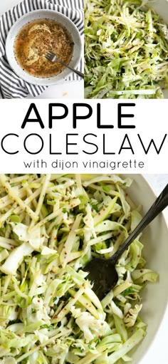 an apple coleslaw is in a white bowl with a spoon on the side