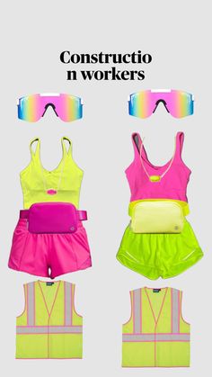 three women's swimsuits and sunglasses with the words construction workers on them