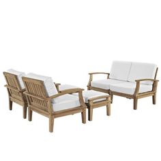 three pieces of wood furniture with white cushions