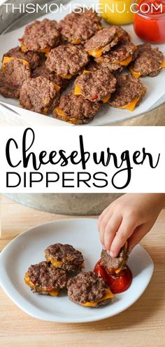 cheeseburger dippers on a plate with tomatoes and ketchup