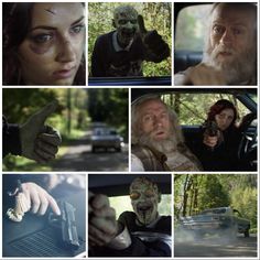 many pictures of people in the car with zombie makeup on their faces and hands pointing at them