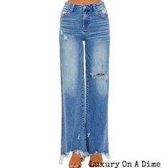 Mid-rise Distressed Flare Jeans For Summer, Non-stretch High Rise Jeans With Frayed Hem, Chic Non-stretch Dark Wash Cropped Jeans, Distressed High Waist Flare Jeans Medium Wash, Ripped Non-stretch Wide Leg Flare Jeans, Chic Medium Wash Non-stretch Jeans, Non-stretch Flare Jeans With Frayed Hem, Chic Non-stretch Jeans With Frayed Hem, Trendy Non-stretch Distressed Flare Jeans