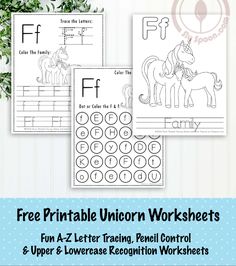 three free printable unicorn worksheets for kids to practice letter formation and lowercase recognition