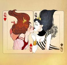 two women are kissing each other in front of playing cards with the same design on them