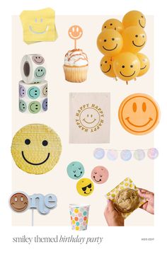 an assortment of smiley face themed birthday party items