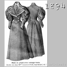 This listing is for a PDF Sewing Pattern of a Pique Dress with Dickie,  made from an original 1894 La Mode Illustree Pattern.  The PDF Pattern (O40710 70) has been copied exactly as published in 1894 using a CAD program and will print out FULL SIZE pattern pieces as PDFs of 45 A4 or Letter pages using an ordinary printer, or 3 AO pages  A separate file for the Pattern Instructions in FRENCH (with an internet translation into ENGLISH) is also supplied. Knowledge of sewing historical garments will Vintage Victorian Dress For Dressmaking, Victorian Dress With Fitted Bodice For Daywear, Victorian Style Costume Dress With Buttons, Victorian Costume Dress With Buttons, Formal Vintage Victorian Dress With Buttons, Vintage Victorian Dress With Buttons For Daywear, Fan Skirt, 1890s Fashion, Corsets Vintage