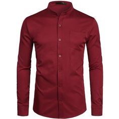 Trending Banded Collar Dress Shirt - Men Slim Fit Long Sleeve Casual B – Deals DejaVu Fitted Solid Color Button-up Shirt, Fitted Shirt With Casual Collar, Fitted Collared Solid Color Shirt, Fitted Collared Shirt In Solid Color, Cotton Shirt With Stand Collar, Stretch Business Casual Shirt, Red Collared Solid Color Shirt, Stretch Long Sleeve Shirt With Button Closure, Red Solid Color Collared Shirt