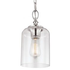 a light fixture with a clear glass shade hanging from it's end, on a chain