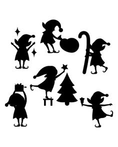 the silhouettes of christmas characters are shown in black and white, with stars on them