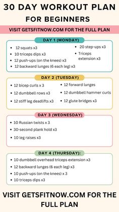 the 30 day workout plan for beginners is shown in this graphic style, with instructions to