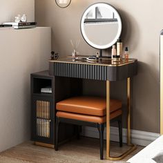 a vanity with a mirror, stool and lights on the wall in a small room