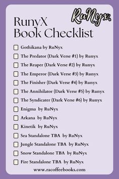 the runny book checklist is shown in purple and black with white writing on it