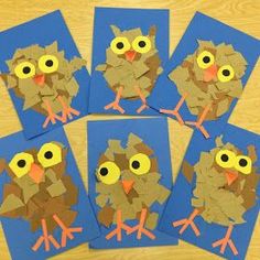 four pictures of an owl made out of construction paper