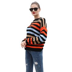 Black Multicolor Stripes Knit Sweater Casual Striped Color Block Sweater, Casual Multicolor Textured Knit Top, Casual Orange Knit Top For Fall, Trendy Multicolor Relaxed Fit Sweater, Trendy Multicolor Knit Top For Fall, Casual Orange Textured Knit Top, Casual Color Block Sweater With Relaxed Fit, Casual Color Block Sweater For Fall, Casual Striped Knit Top For Fall