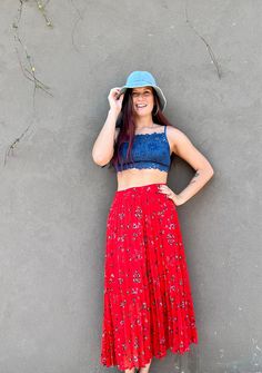 Gorgeous red pleated midi skirt in floral print by CAROLL Paris. The skirt is lined with partly elastic waist, best for L-XL sizes .  Condition: good vintage condition  Size: 44 ( pinned on model) Best fits for L-XL sizes. Label : CAROLL Paris Material: 100% polyester, lining 100% viscose Measurements, taken lying flat : Waist: 42-46 cm/16.5-18'' (partly electric waist) Hips: Free Length: 89 cm/ 35'' For more information please contact me. Casual Summer Pleated Skirt With Floral Print, Casual Skirt With Accordion Pleats For Summer, Red Gathered Skirt For Spring, Red Skirt With Elastic Waistband For Spring, Casual Floral Print Midi Pleated Skirt, Casual Floral Print Pleated Flared Skirt, Casual Floral Print Pleated Midi Skirt, Red Summer Skirt With Elastic Waistband, Red Skirt With Elastic Waistband For Summer