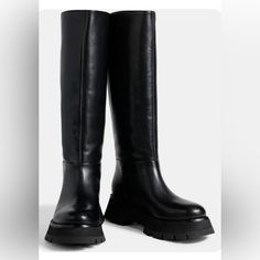 New Phillip Lim Kate Lug Sole Knee High Boots Black Size 37/7. Heel Measures Approximately 2 Inches Black Leather (Cow) Pull On Womens Black Ankle Boots, Knee High Boots Black, Mary Jane High Heels, Kpop Concert Outfit, Leather Strap Sandals, Kpop Concert, Lug Sole Boots, High Leather Boots, Leather Thong Sandals