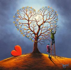 a painting of two people climbing up a ladder to a heart shaped tree