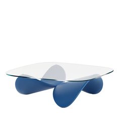 an oval glass table with blue legs and a curved base, on a white background