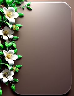 a metal plate with flowers on it and green leaves around the edges, against a brown background