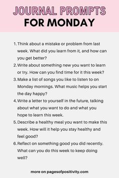 a pin that says in a large font Journal Prompts for Monday Monday Journal Prompts, Growth Journal Prompts, Monday Journal, Journal Prompts For Beginners, Journal Ideas For Beginners, Personal Growth Journal, Proper Skin Care Routine, Journal Prompts For Adults, Shadow Work Spiritual