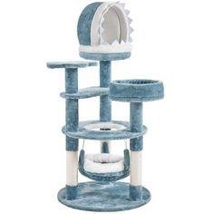 a blue cat tree with two cats on it's sides and one is in the middle