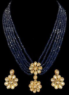 "Zavia III - Royal Blue Indian Ladies' Multilayer Necklace Set  Royal blue mala necklace with a modern six-strand layered strand & pendant for Indian weddings. Fit for any fashionista who appreciates the beauty of fine craftsmanship and design all in one stunning set! This long mala necklace set is elaborated with floral design detailing of Kundan gems. This classic bridal jewelry is further accented not just with 6 blue multilayered strands but also a gold-plated pendant. This bridal set comes Royal Blue Bracelet, Mint Bracelet, Blue Pearl Earrings, Multilayer Necklace, Coordinates Jewelry, Kundan Jewellery Set, Bridesmaids Gift Sets, Blue Sapphire Necklace, Bridal Choker