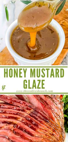 honey mustard glaze is being drizzled on top of sliced meat in a white bowl