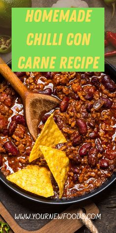 homemade chili con carne recipe in a skillet with tortilla chips