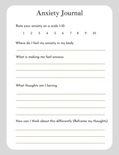 Instant digital PDF download of anxiety journal prompt  Once purchased you will receive a digital copy of the journal prompt in PDF format From there you can print it or use it however you'd like! Includes prompts for identifying anxiety on a rating scale, emotions in the body, and prompts for working through anxiety through cognitive reframing. Mental Health Prompt Questions, Feelings Journal Template, Things About Me Journal, Daily Journal Prompts For Mental Health, Cbt Journal Prompts, Cognitive Reframing, Emotion Journal, Emotional Journal, Digital Journal Ideas