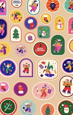 an assortment of christmas stickers on a beige background