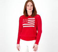 You'll proudly wear this patriotic sweater that's sure to become the season's most saluted style. From the Joan Rivers Classics Collection®. Fall Flag Print Long Sleeve Sweater, Long Sleeve Flag Print Sweater For Fall, Fall Long Sleeve Flag Print Sweater, Red Patriotic Top For Fall, Americana Long Sleeve Sweater For Fall, Long Sleeve Americana Sweater For Fall, Spring Flag Print Long Sleeve Tops, Fall Americana Long Sleeve Sweater, Long Sleeve Tops With Flag Print For Spring