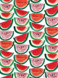 watermelon slices are arranged in rows on a white background with green and red accents