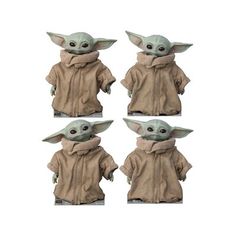 the child yoda doll is shown in four different poses, each with an attached hood and