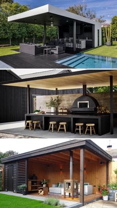 an outdoor kitchen and dining area are shown in two different pictures, one is made out of