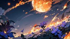 an anime scene with flowers in the foreground and a full moon in the background