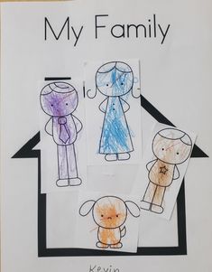 a child's drawing of three people in their house with the words, my family