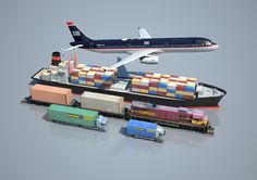 an airplane is flying over a cargo ship with containers on the bottom and one plane in the background