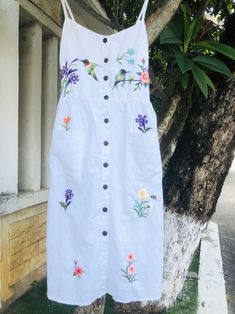 Gorgeous Summer Linen Dress With Hummingbird Bee Butterfly | Etsy White Floral Print Dress For Garden Party, Summer Floral Embroidered Linen Beach Dress, Summer Floral Applique Embroidered Dress For Garden Party, Spring Floral Embroidered Sundress For Garden Party, White Floral Embroidery Sundress For Spring, White Floral Embroidered Sundress For Vacation, White Floral Embroidered Sundress For Spring, Floral Embroidered Sundress For Spring Garden Party, White Embroidered Floral Dress For Summer