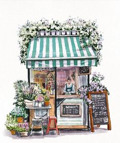 a watercolor painting of a flower shop