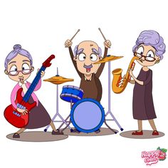 three elderly people playing instruments and singing