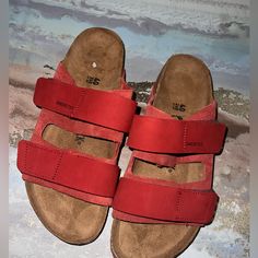 Birkenstock Uji Womens Casual Narrow Fit Sandal - Sienna Red - Size40 New Without Tag! Casual Sandals With Red Sole, Comfortable Red Sandals With Round Toe, Casual Red Closed Toe Sandals, Red Sandals With Cushioned Footbed And Flat Heel, Red Suede Sandals For Spring, Casual Red Sandals With Textured Footbed, Comfortable Red Sandals With Cushioned Footbed, Red Flat Sandals With Leather Footbed, Casual Sandals With Flat Heel And Red Sole