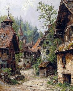 a painting of an old european village