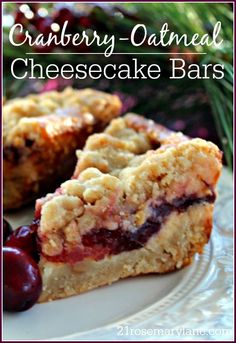 cranberry oatmeal cheesecake bars on a plate