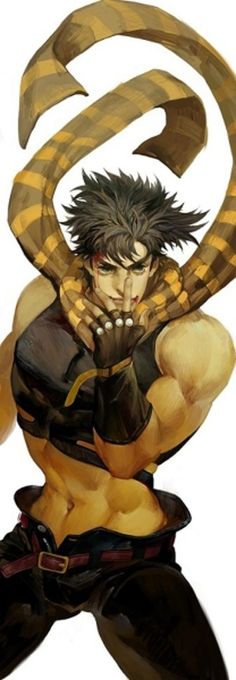 an anime character is posing with his hands on his hips and holding two large snakes