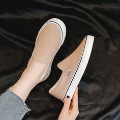 Olivia Mark - Soft Casual Slip-On Shoes Casual Slip On Shoes, White High Heels, Couple Shoes, Canvas Shoe, High Heel Sneakers, Korean Couple, Canvas Shoes Women, On Sneakers, Casual Flats